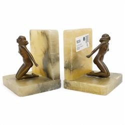 Pair of onyx bookends with bronze female figures