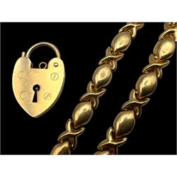 9ct gold jewellery, comprising bracelet links and a heart padlock clasp, both hallmarked 