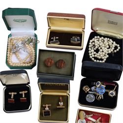 Collection of costume jewellery and wristwatches, including Rotary watches, faux pearl necklaces, etc, together with a Cummels trinket box and other collectables