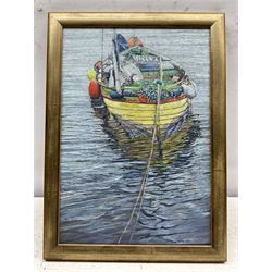 Sue McMullen (British Contemporary): Moored Coble, oil on canvas signed 35cm x 24cm