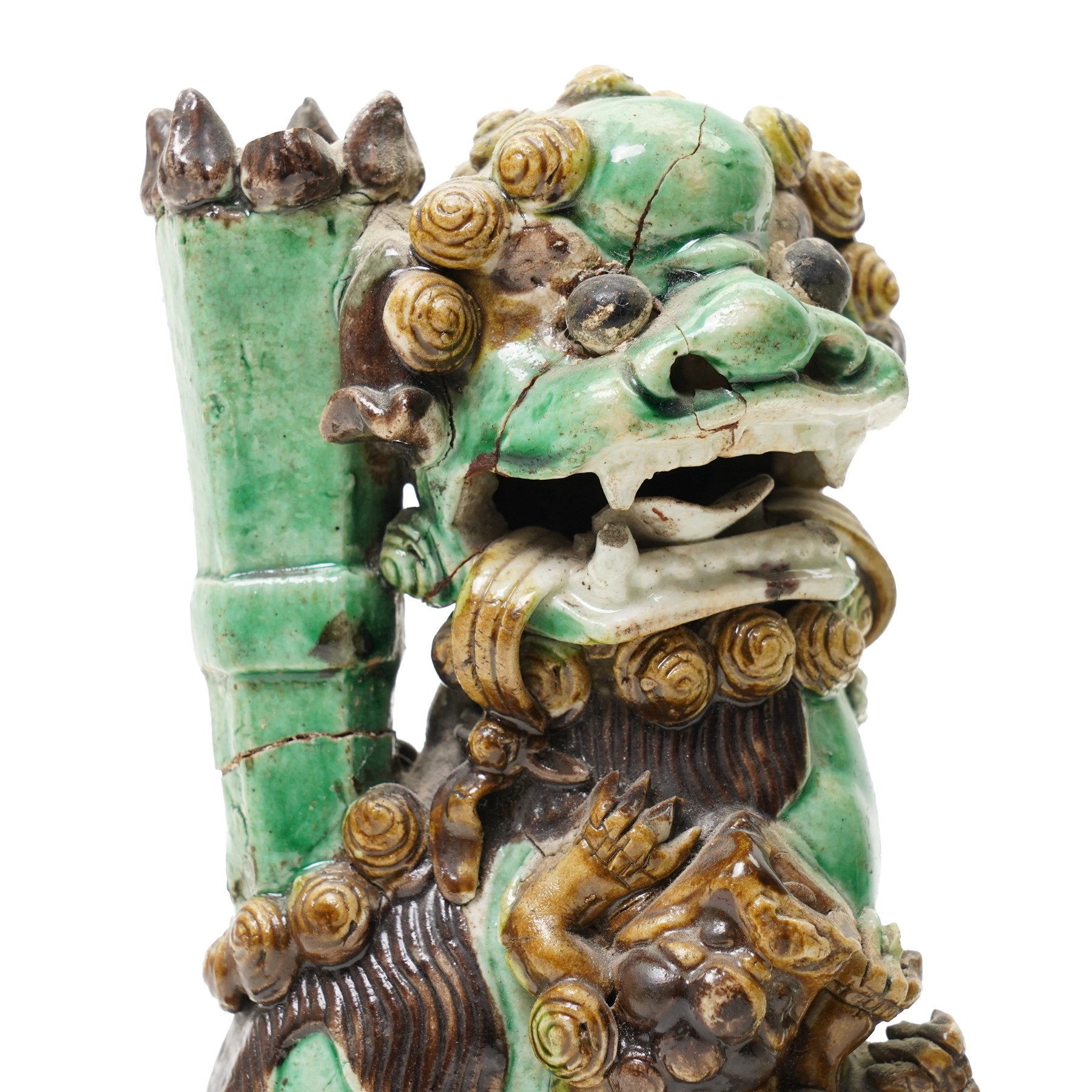 Chinese Kangxi period sancai glazed joss-stick holder, modelled as a dog of Foo, H21cm; and another figure, H18cm (2)