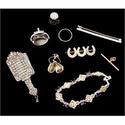 Silver jewellery including pair of folding marcasite glasses, smokey quartz swivel, bar brooches, earrings, thimble and marcasite and purple bracelet, gold T-bar and gold stone set ring, both 9ct