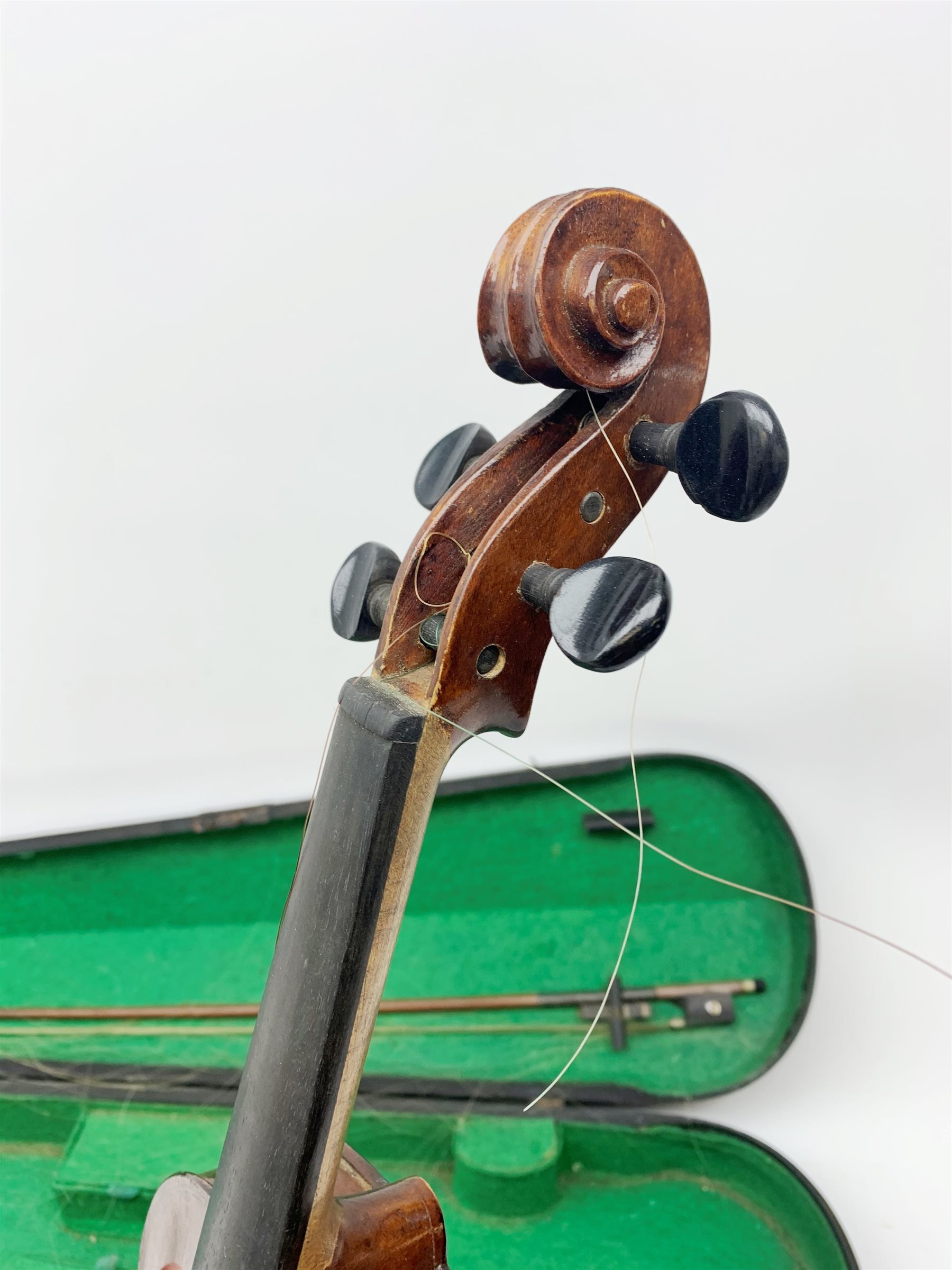 John Murdoch & Co 'The Maidstone' three-quarter size violin with 33.5cm two-piece maple back and ribs and spruce top, bears label, 55cm overall, in hard carrying case with bow