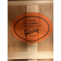 Gibson J50 VOS Custom Shop acoustic guitar, model no. 11686010, Deadknot J45 body with sitka spruce top, scalloped wide x bracing pattern, mahogany back, in carrying case with Gibson certificate of authenticity