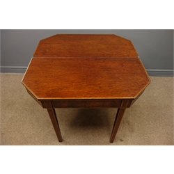  Early 19th century mahogany inlaid tea table, folding canted top, square tapering supports, box wood stringing, W92cm, H74cm, D91cm, (maximum measurements)  