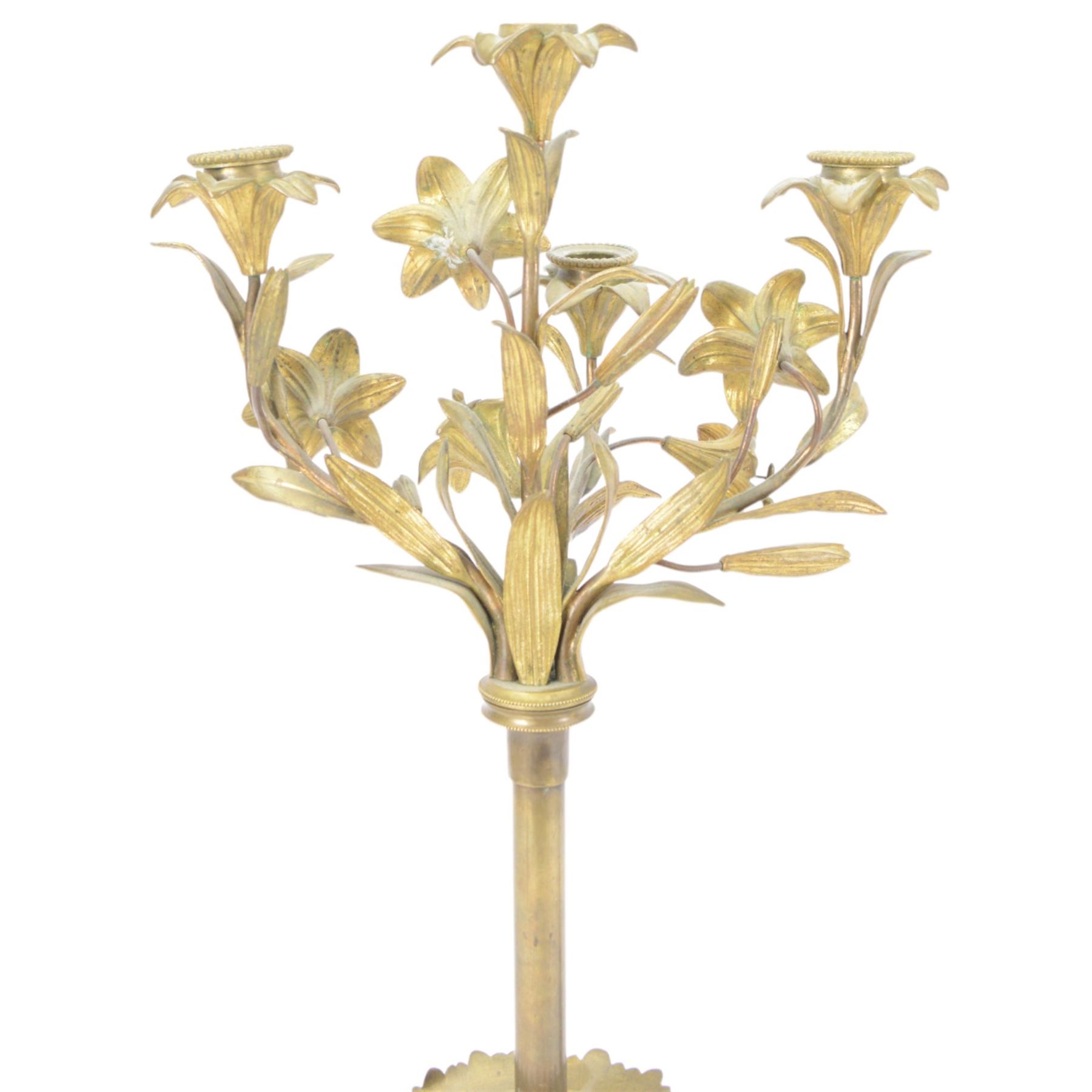 Pair of late 19th century gilt cast candelabra, each with scrolling tripartite base leading to an acanthus detailed circular pan and plain stem, supporting three arms entwined with lily flowers and leaves, the sockets also modelled as lily flowers, H60cm