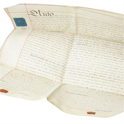 Two pages of 16th century German text referencing Columbus 31cm x 19cm, Charles I Confirmation Deed indenture 1627, King James indenture and a 19th century Mortgage indenture Collins to Stonehouse