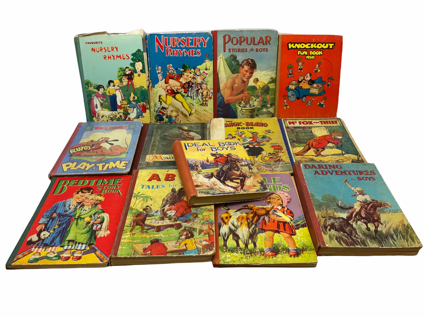 Thirteen illustrated children's books 1930s -1950s including The Magic-Beano Book 1945, Walt Disney's Pluto's Play-Time, Mr. Fox The Thief etc (13)