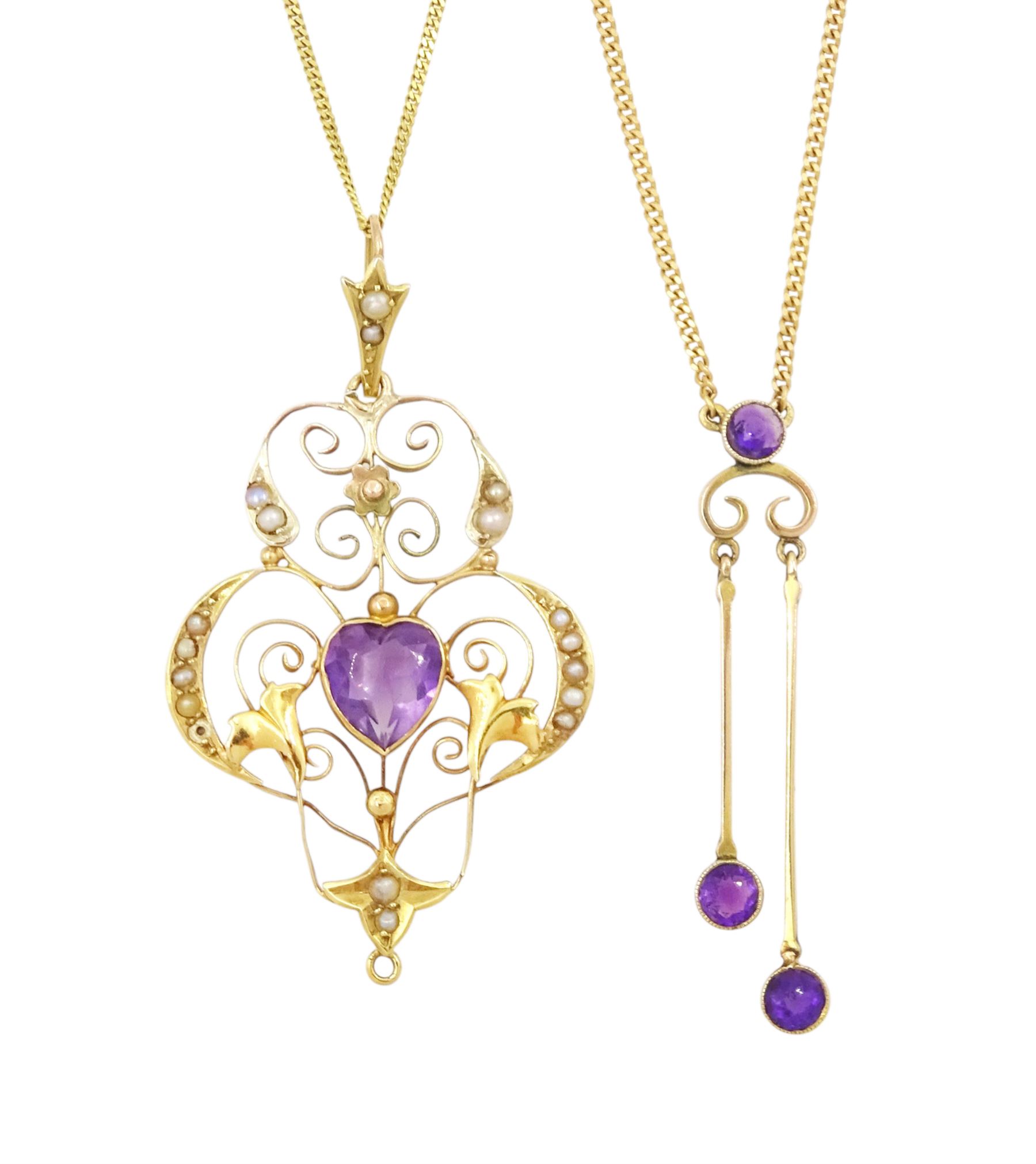Two early 20th century gold amethyst pendants, including a heart cut amethyst and seed pearl openwork pendant, both on later gold chain necklaces, all 9ct