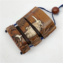 Japanese Meiji wooden four case inro, inlaid with ivory cranes amidst grasses, with quail carved netsuke and ojime bead, signed, H7cm   