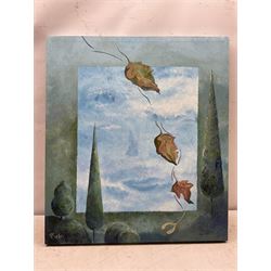 Paula Seller (Northern British Contemporary): Surrealist Sky with Leaves, oil on canvas signed 69cm x 61cm