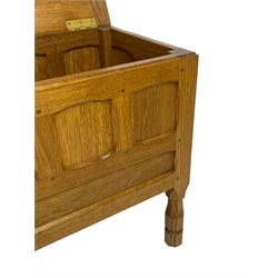 Brian Haw (former Mouseman carver) - Yorkshire oak work or sewing box, hinged lid with panelled sides, fitted with through drawer, on octagonal feet