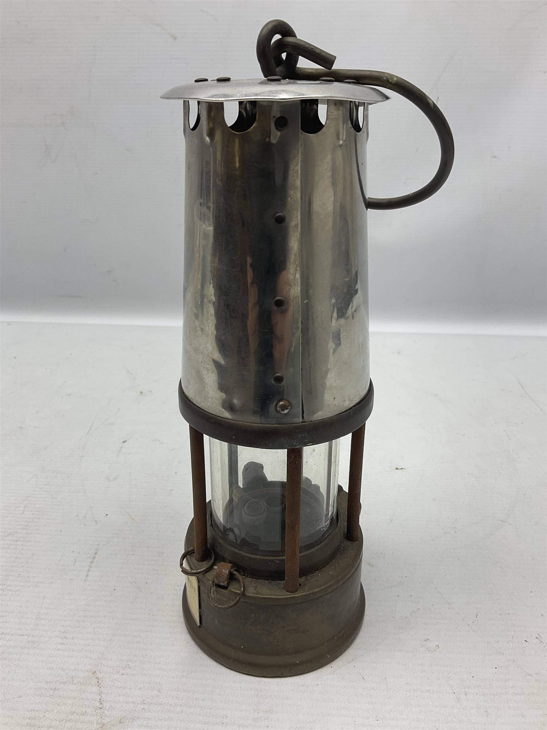 Miners Lamp The Protector, Eccles no 3533, with engraved plaque, H26cm