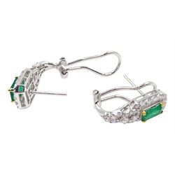 Pair of 18ct white gold emerald and round brilliant cut diamond stud clip earrings, stamped 750