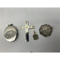 Modern silver locket, modern silver circular pendant, modern silver cross shaped pendant, small 9ct gold and enamel pendant, etc., approximate gross silver weight 40 grams, approximate gold weight 1.3 grams