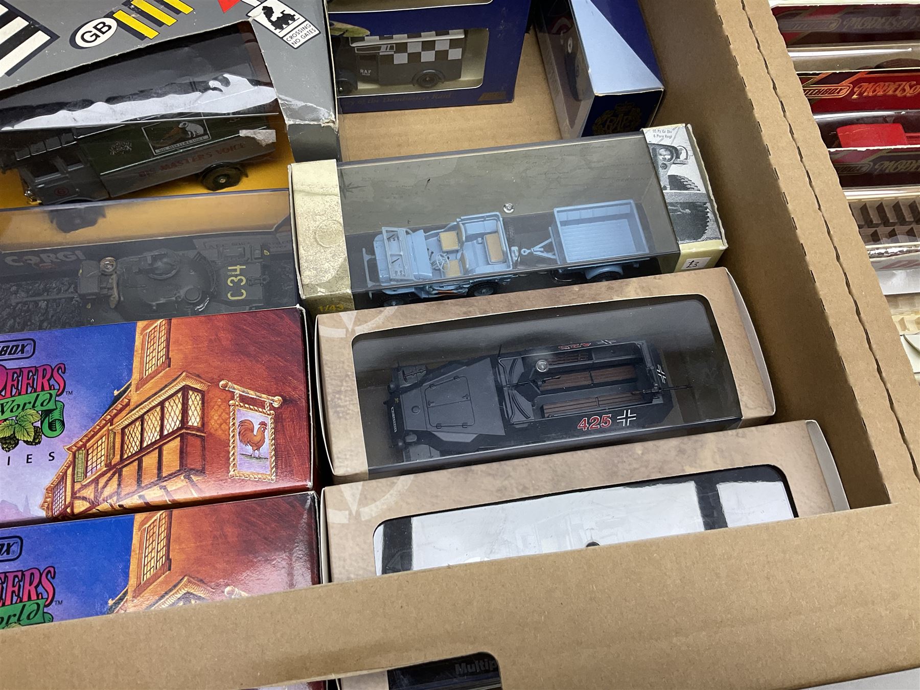 Forty-four modern die-cast models/sets by Matchbox, Corgi, Lledo, Atlas, EFE etc including military and commercial vehicles, cars and promotional vehicles, buses etc; all boxed (44)