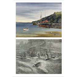 William 'Bill' Wedgwood (British c1934-2019): Coastal Inlet, oil on canvas signed 40cm x 60cm; 'The Recent Gale - Scene at Whitby', 19th century newspaper engraving 21cm x 24cm (2)