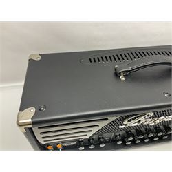 As new Bugera 333XL Infinium Hardcore 120-watt 3-channel tube amplifier head with reverb and Infinium tube life multiplier; date code 1507; number S1500576AAC L69cm; boxed with foot controller, power cable and paperwork