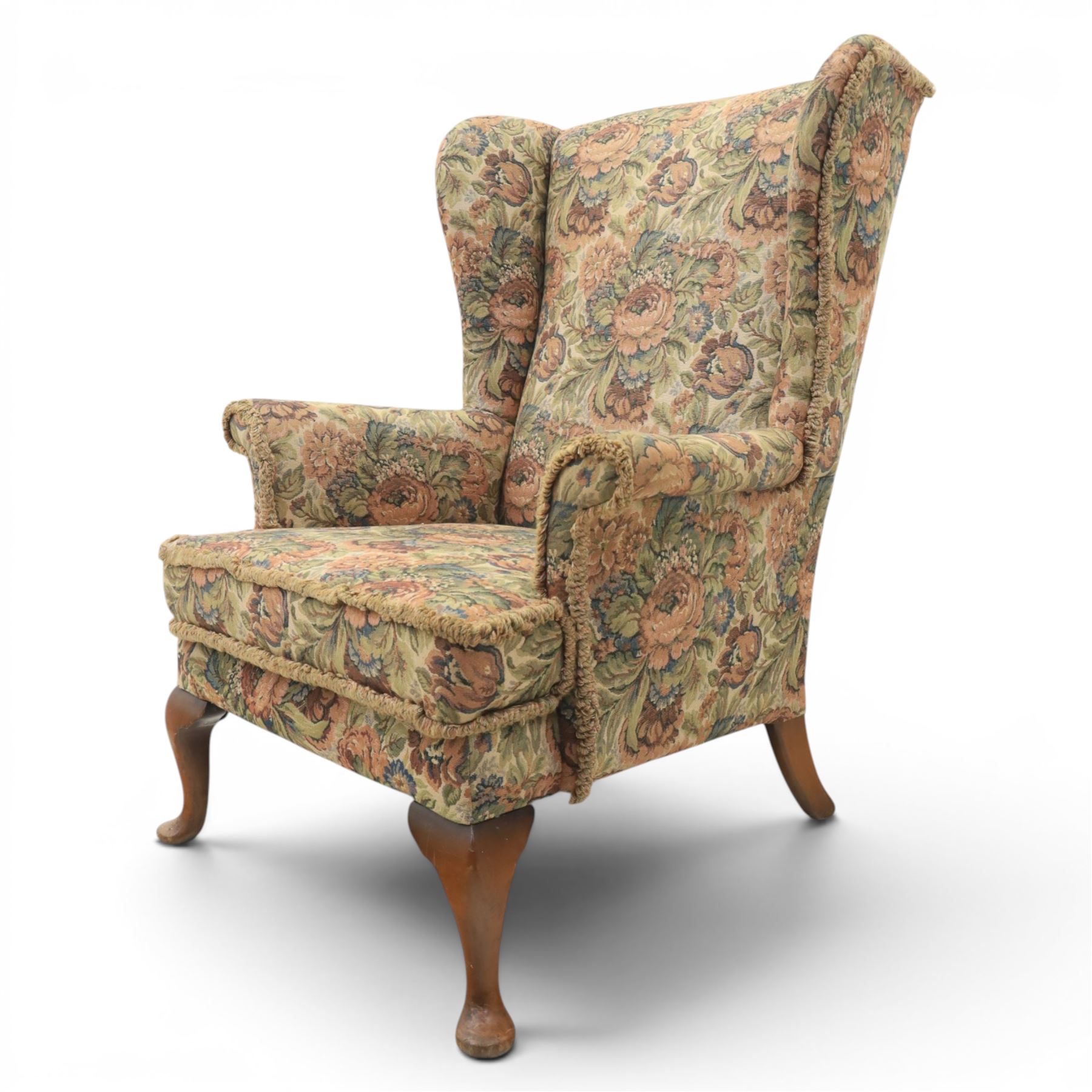 Parker Knoll - pair of mid-20th century wing back armchairs, upholstered in tapestry fabric, raised on cabriole legs