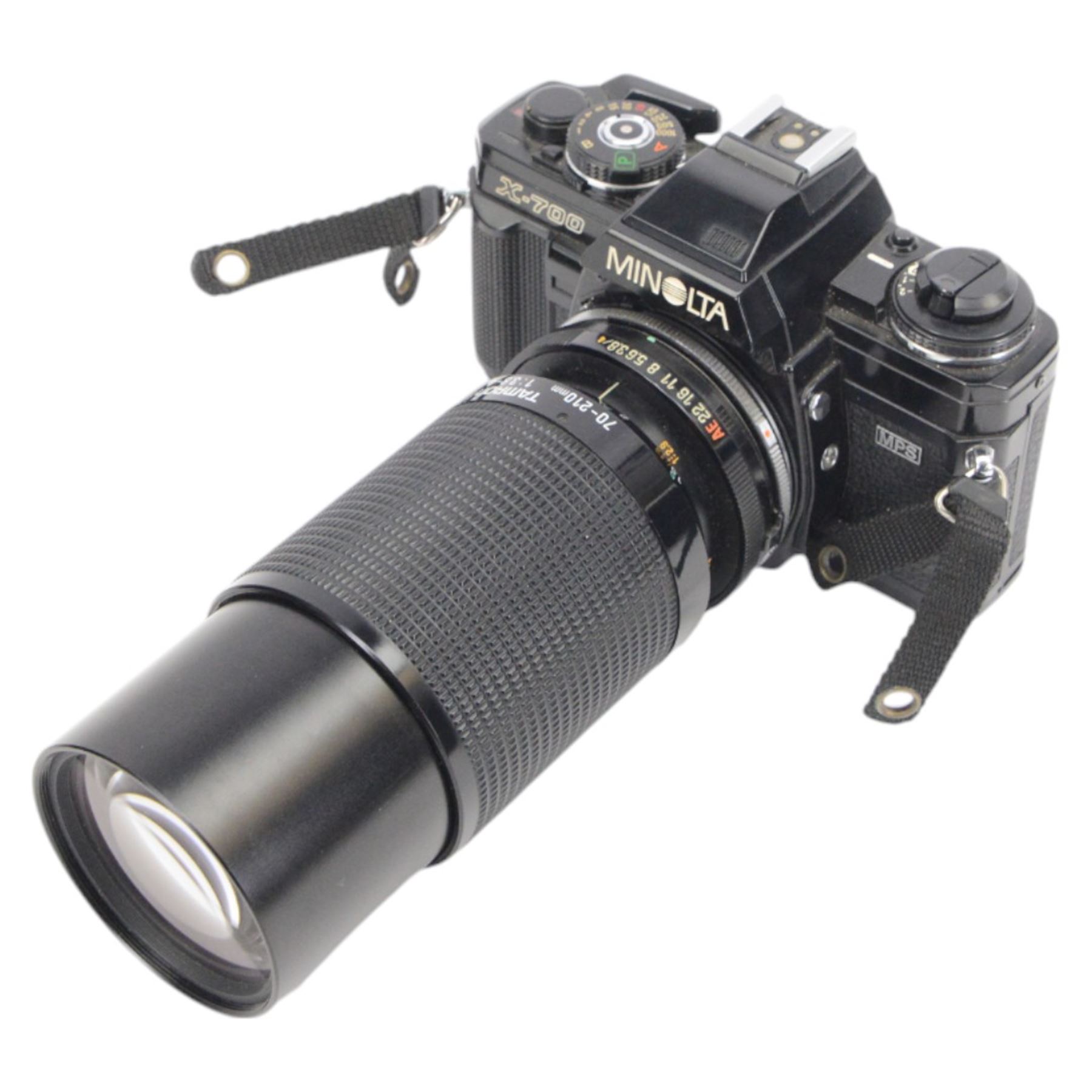 Two Minolta SLR camera bodies, comprising X-300 serial no. 8592491 and X-700 serial no. 1498583, together with five lenses including Sigma Telephoto 1:5.6 f=400mm serial no. 1018435, Vivitar Series 1 28mm 1:1.9 VMC Auto Wide Angle Lens no. 37822044, two Minolta MD 50mm 1:1.7 49mm lens nos. 7177581 & 8384472, Tamron 70-210mm 1:3.8-4 lens no. 8316867 and camera accessories, all within a soft carry case