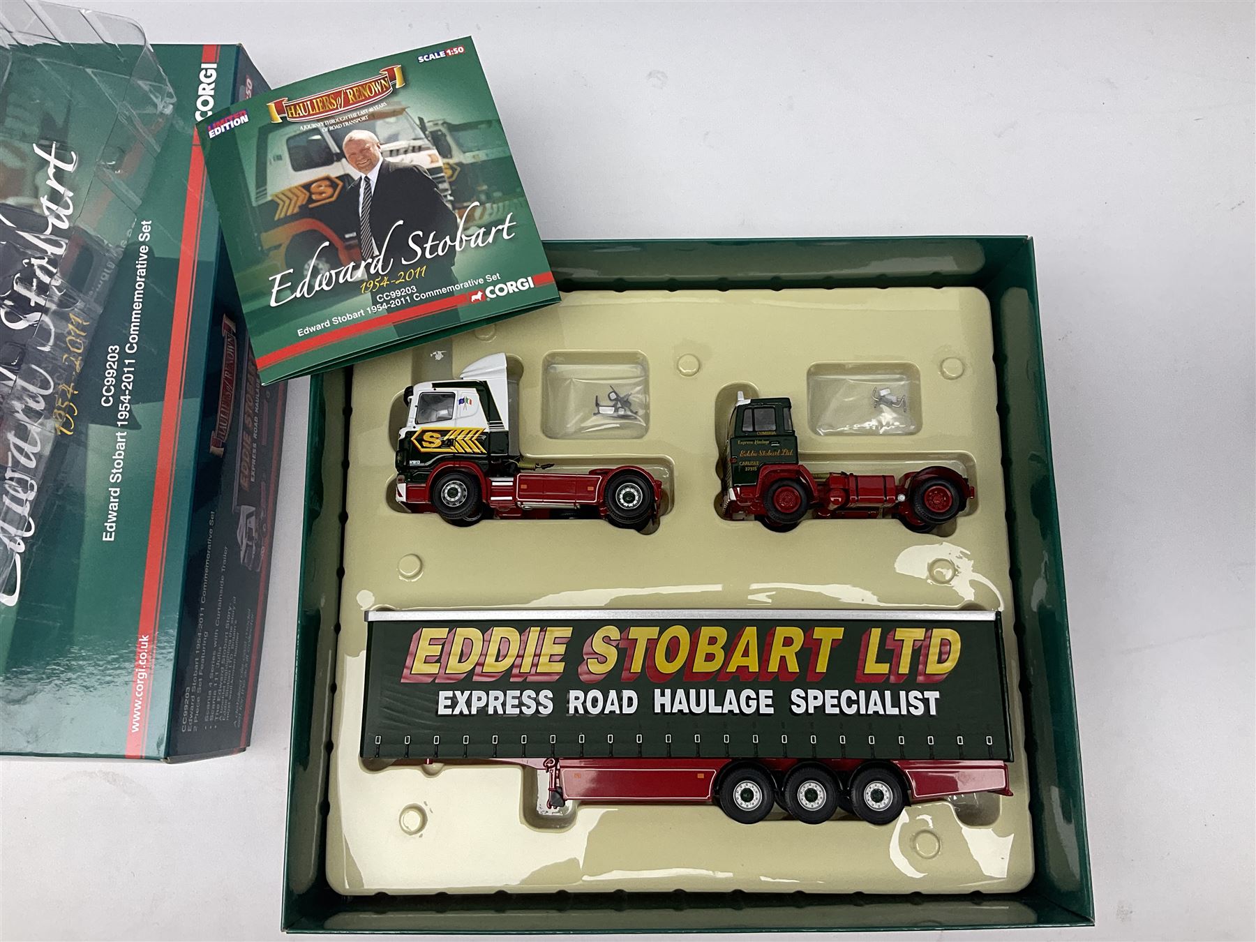Corgi Eddie Stobart - two limited edition Hauliers of Renown sets; CC99203 Edward Stobart 1954-2011 Commemorative Set; and CC99202 1970-2010 40th Anniversary Set; both boxed (2)