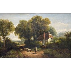 English School (19th century): Shepherd and Sheep on Country Lane, oil on canvas signed with monogram and dated 1871, 49cm x 75cm