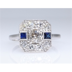  Art Deco design old cut diamond and sapphire white gold ring stamped 18ct  