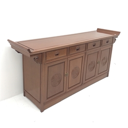 Chinese rosewood sideboard, scrolling sides, four drawers above four cupboards, stile supports, W182cm, H86cm, D49cm