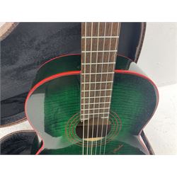 Marlin Classic acoustic guitar model MC1 in green and red L100cm; in simulated reptile skin hard carrying case