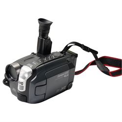 Late 20th-century film equipment, including Rigonda Fiesta 401D portable television set USSR, Chinon Facel II cine film camera in case, A Prinz Magnon ZRS projector in a case and a JVC compact VHS, 3