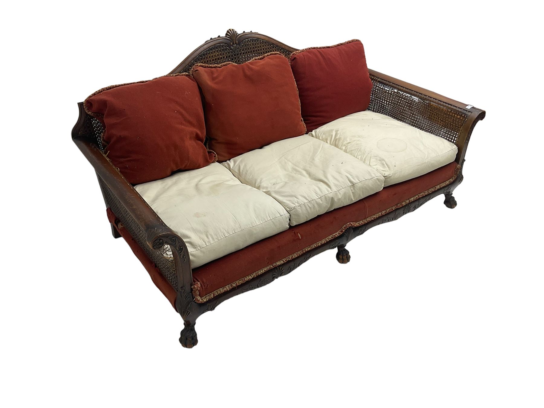 Early 20th century bergère three seat settee, shaped shell carved cresting rail, double caned back and sides, scrolled upright arms and shaped apron carved with shell and foliage, on hairy paw carved feet