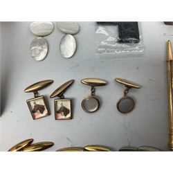 9ct gold crop and stirrup stick pin, boxed, two silver horse brooches, collection of horse cufflinks, gold-plated propelling pencil and a collection of wristwatches including Wingo Champions, Smiths Astral, Rotary and Bernex