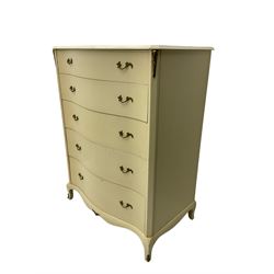 French style cream finish serpentine chest, fitted with five drawers