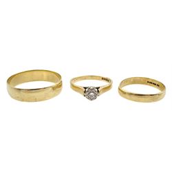 Two gold wedding rings and a gold single stone diamond ring, all hallmarked 9ct