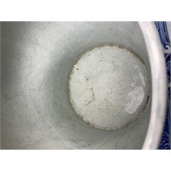 Large 20th century Delft blue and white jardinière, of baluster form with twin zoomorphic mask lug handles, decorated with hand painted panels of waterside scenes, within foliate surround, impressed and painted marks beneath for De Porceleyne Fles workshop, Delft, H35cm, rim D32