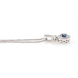 14ct white gold diamond pendant necklace, single round brilliant cut fancy blue diamond of approx 0.45 carat, surrounded by a halo of milgrain set round brilliant cut diamonds, to a diamond set bail, on a wheat link chain necklace, total white diamond weight approx 0.25 carat