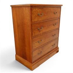 Cabinet-made oak chest, fitted with four soft-close drawers, brass swan neck handles and pierced backplates, on bracket feet