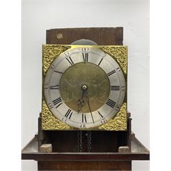 John Kemp of Yoxford (Suffolk) - 18th century oak 30 hour longcase clock c1770, with a later box top and finials, square hood door with attached pilasters and gesso capitals, long flat topped trunk door with a rectangular plinth and bracket feet, brass dial with cast spandrels and engraved dial centre, silvered chapter ring with Roman numerals and five minute Arabic's, with matching steel hands, birdcage chain driven movement with a recoil anchor escapement and count wheel striking. With weight and pendulum.
