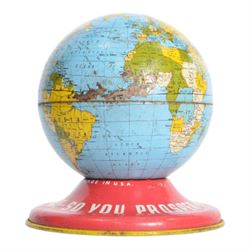 Ten vintage tin plate money boxes, including All American  Toys Mail-Bank, Chad Valley Airwaves Money Box, Chad Valley Post Office Money Box, Canister Co. Ltd Natural No.1 Peas Money Box, etc, tallest H23cm