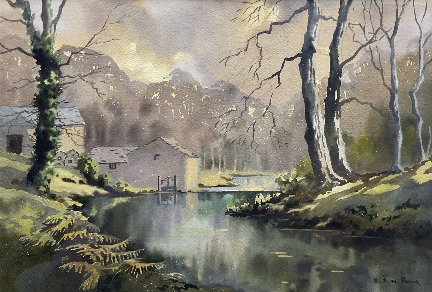 Ebenezer John Woods (Jack) Prior (British 1914-1988): 'Old Water Mill - Beetham', watercolour signed, titled on label verso 24cm x 35cm