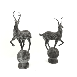 Pair cast metal garden stags on spherical mounts, figures/gate post finials, H91cm