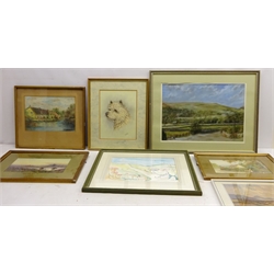  Collection of 19th century and later watercolour and oils including Cairn Terrier, Evening on the Devon Moors, signed by Fairfax Cameron, Mice Taking a Stroll, signed by J. M O' Reilly etc max 60cm x 44cm (11)  