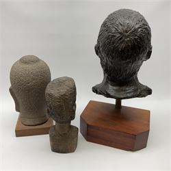 A bronzed bust of a male figure, upon mahogany base, overall H45.5cm, together with a stoneware Eastern bust of a buddha, and a African carved hardwood bust of a male figure. 