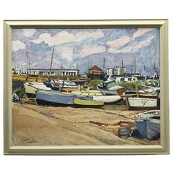 A P Tompkin (British 20th century): Harbour Scene, oil on board signed 60cm x 75cm
