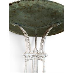 Victorian ornate cast iron garden table, trefoil base with central enclosed column, circular top with later marble, with registration mark