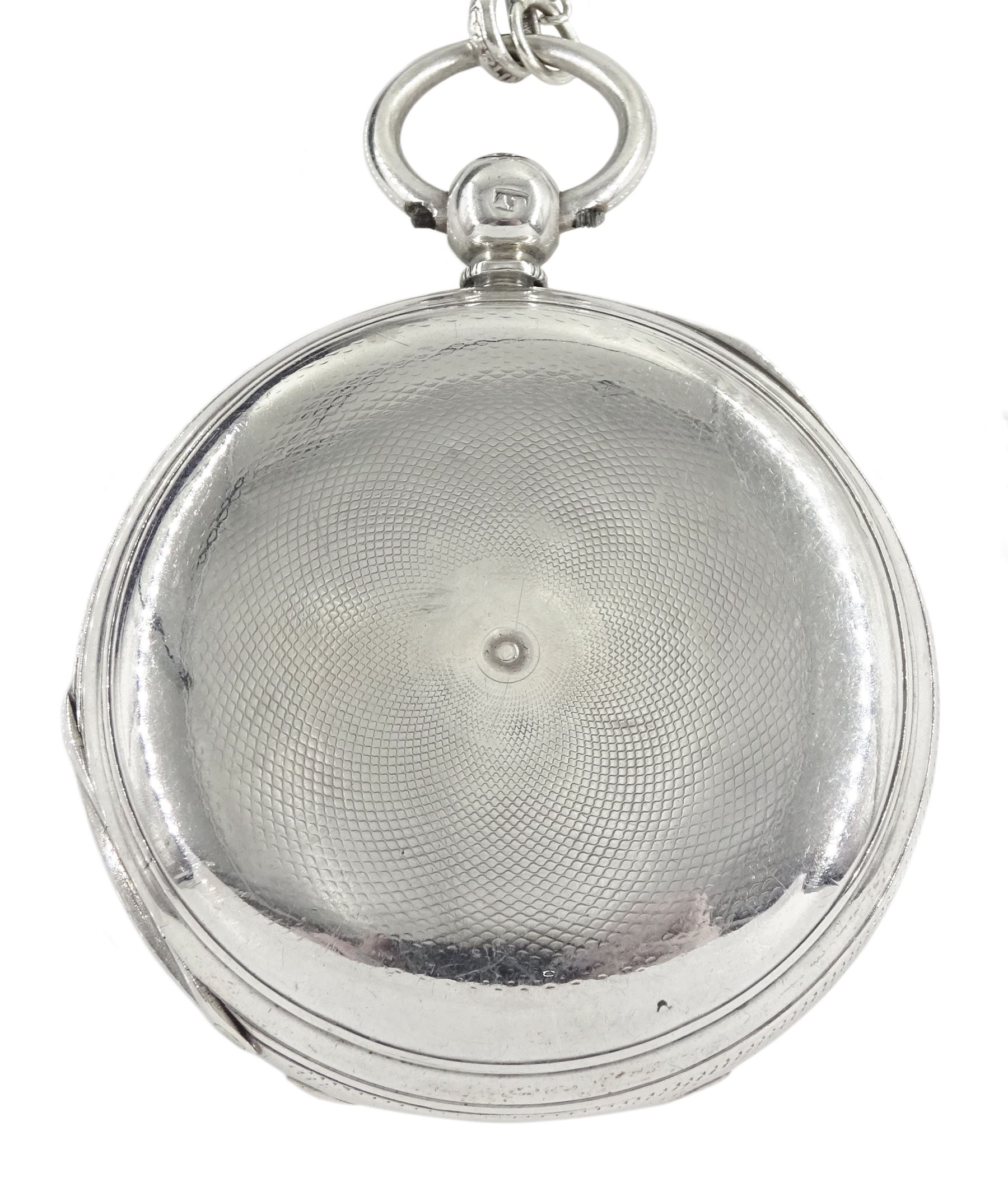 Victorian silver full hunter pocket watch by Grantham, London, No. 55473, white enamel dial with Roman numerals,  case by William Hammon, London 1885, on silver Albertina chain, stamped sterling
