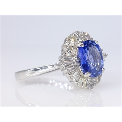  18ct white gold sapphire and diamond cluster ring stamped 750 sapphire approx 2.1 carat diamonds approx 0.8 carat  