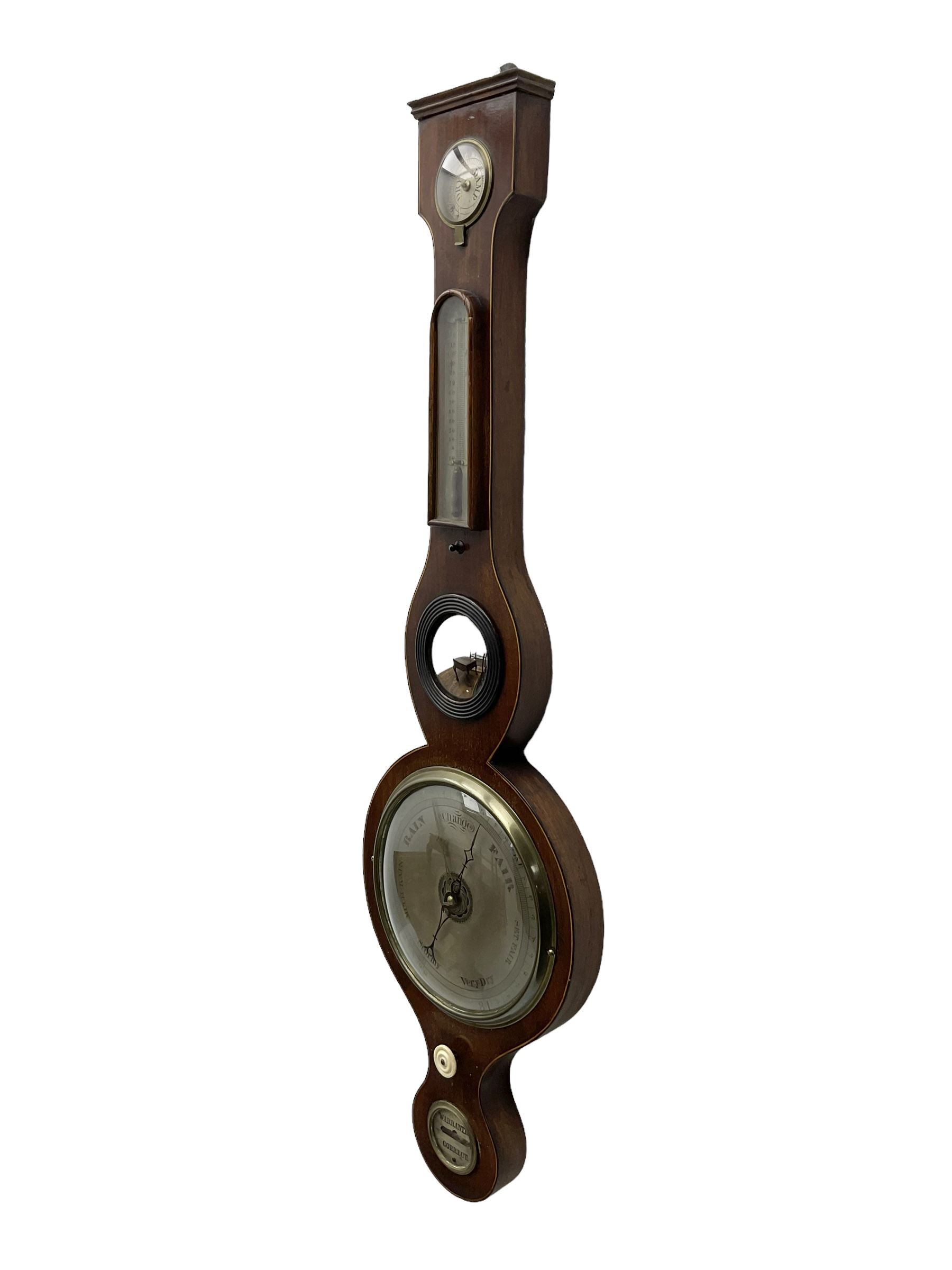 19th century  - mahogany five glass wheel barometer, with an 8” silvered dial and cast brass bezel, flat topped pediment and round base, with hydrometer, spirit thermometer, butlers mirror and level bubble, syphon tube and counterweights intact, mercury present.