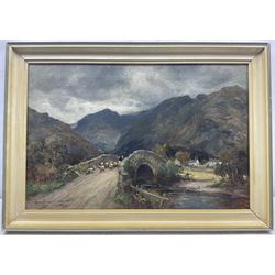 Owen Bowen (Staithes Group 1873-1967): Sheep Crossing a Stone Bridge in the Lake District, oil on canvas signed and dated '07, 39cm x 60cm