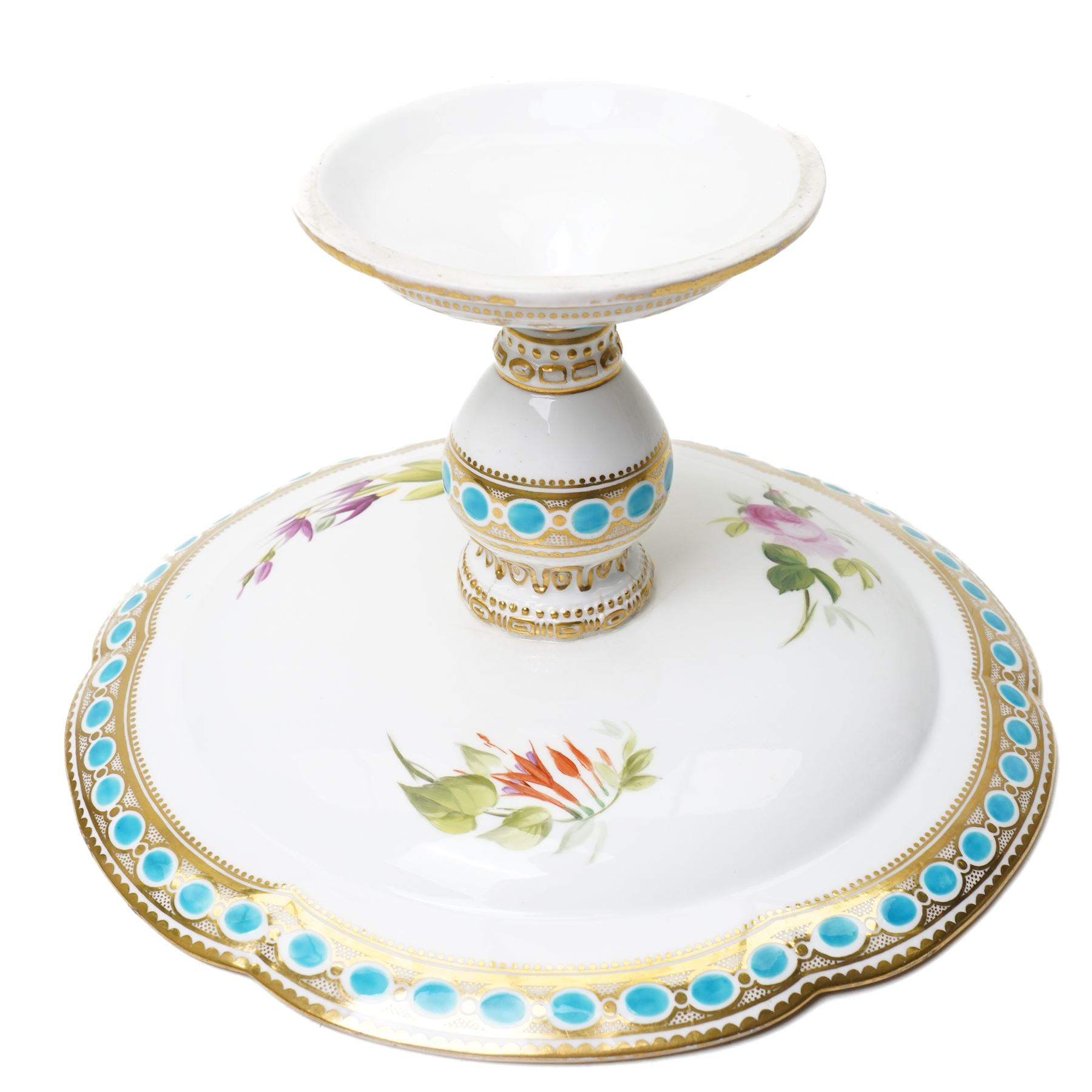 19th century tazza or compote, hand painted with flowers within gilt and turquoise borders, H16cm 